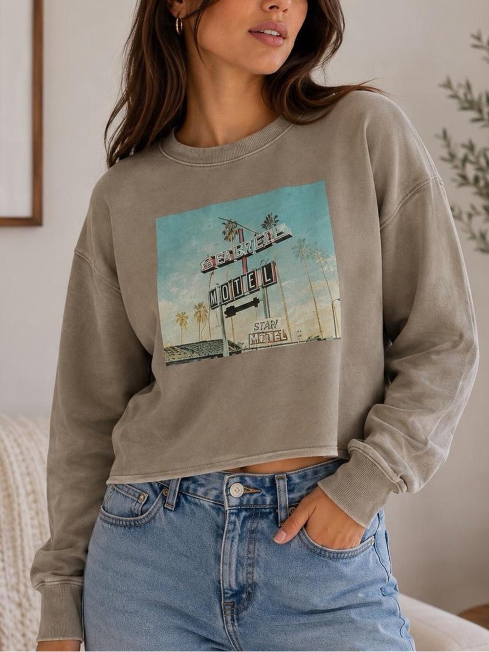 Colsie XS Cropped Motel Graphic Sweatshirt Taupe Brown